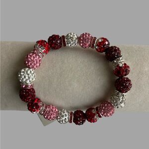 Handcrafted Stylish Pavé Bead Stretch Bracelet Pink Red Silver-tones Women New